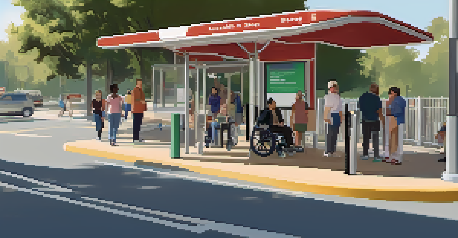 An accessible bus stop in Redwood City with a wheelchair ramp and clear signage on a sunny day.