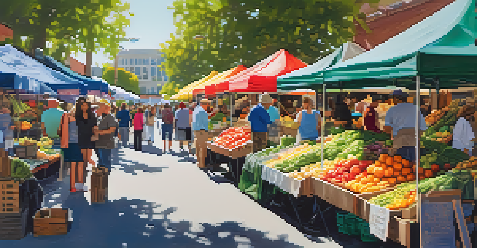 A bustling farmers' market with colorful stalls featuring fresh produce and vendors interacting with customers.