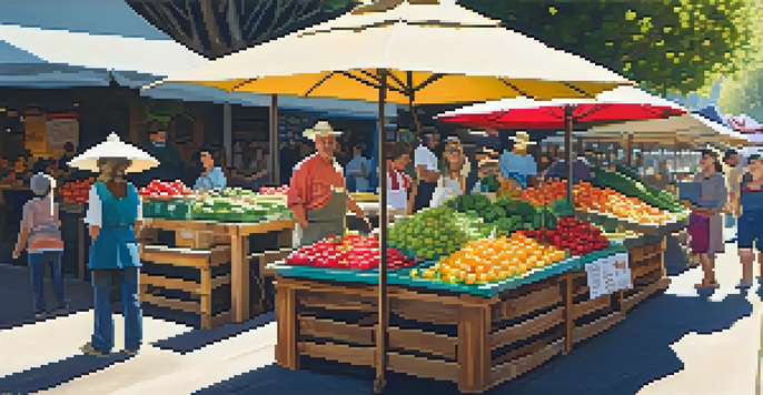 A busy farmers' market in Redwood City with colorful fruits and vegetables on wooden tables, sunlight filtering through trees, and diverse people interacting with farmers.