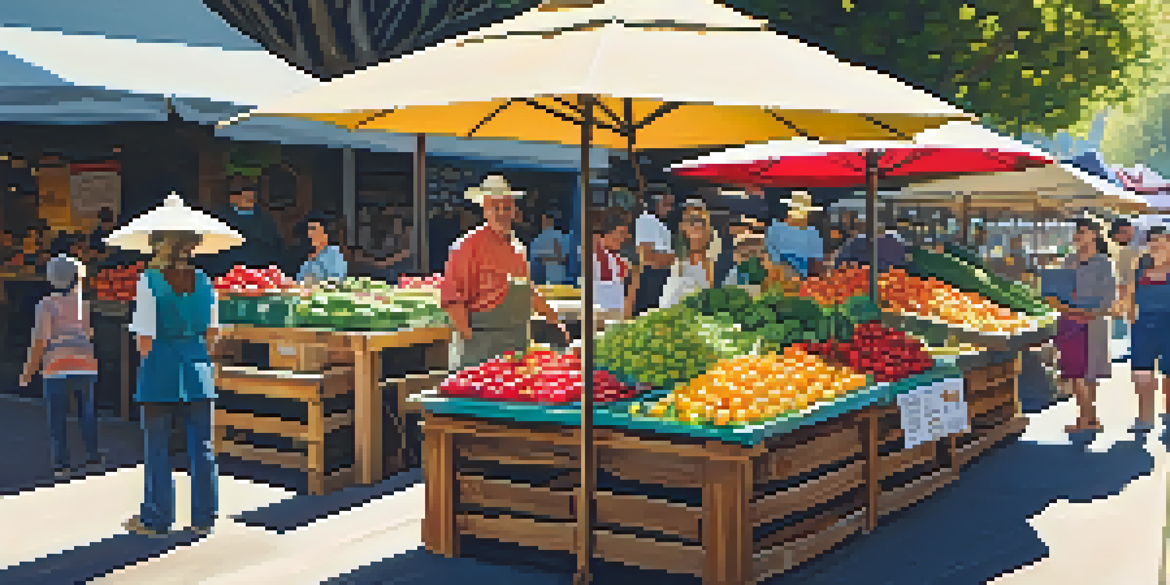 A busy farmers' market in Redwood City with colorful fruits and vegetables on wooden tables, sunlight filtering through trees, and diverse people interacting with farmers.