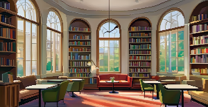 A cozy reading nook with armchairs and shelves of colorful books, illuminated by natural light.