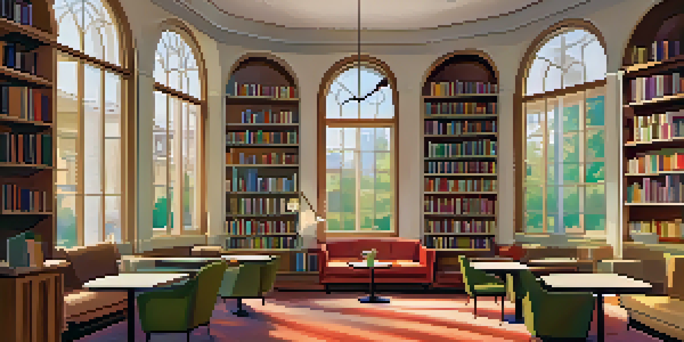 A cozy reading nook with armchairs and shelves of colorful books, illuminated by natural light.