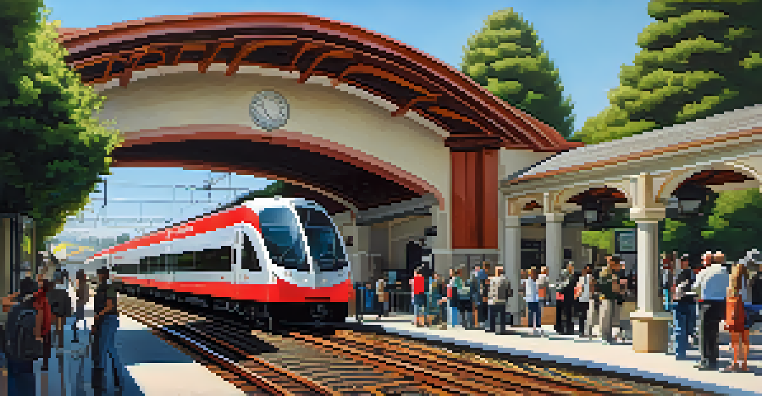 A view of the Caltrain station in Redwood City with a train and commuters boarding.