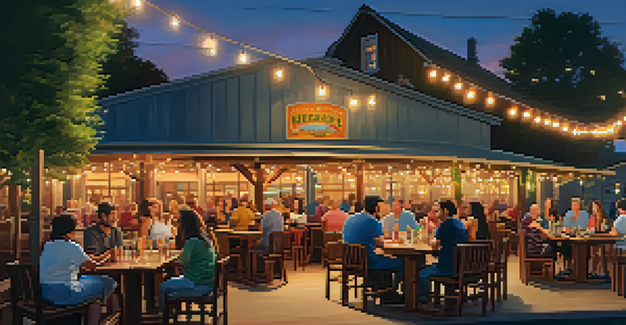 An outdoor brewery scene in Redwood City with people enjoying craft beer on a wooden patio surrounded by flowers and string lights, with a sunset in the background.