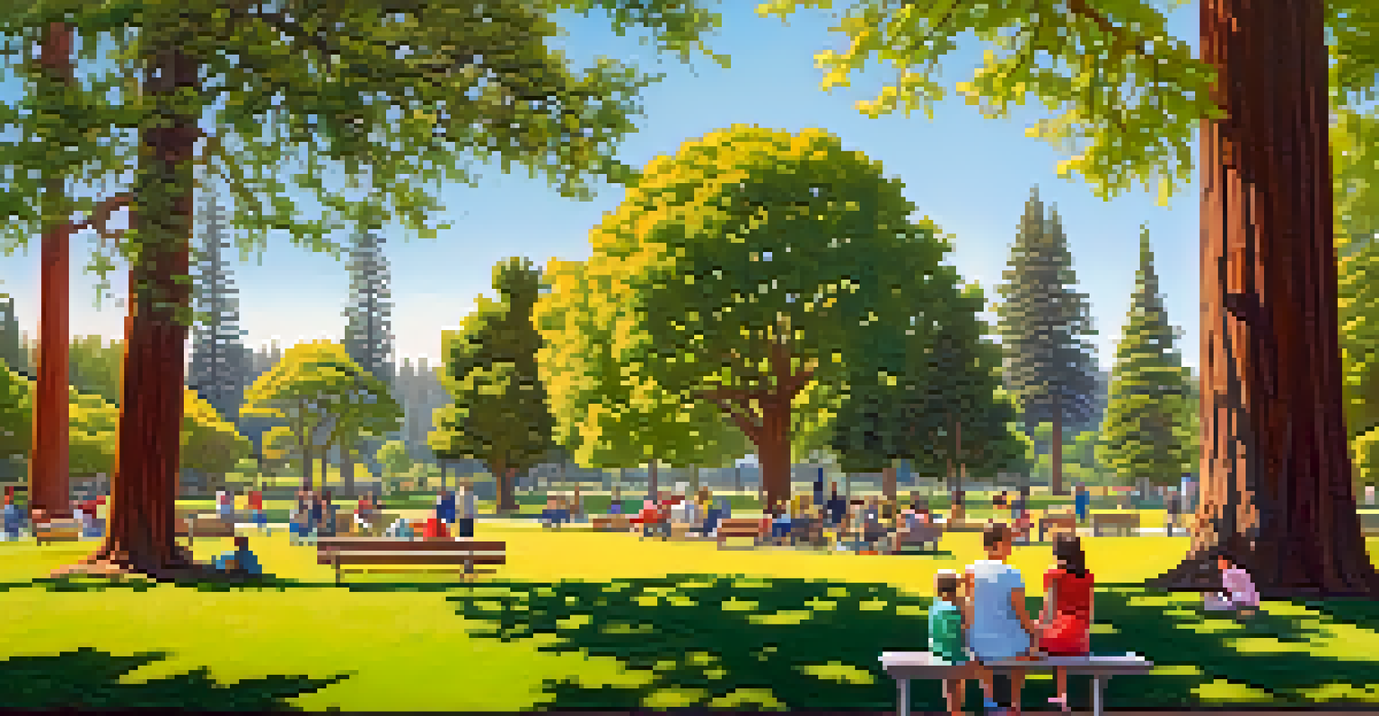 A peaceful park in Redwood City filled with families enjoying the outdoors under tall trees.