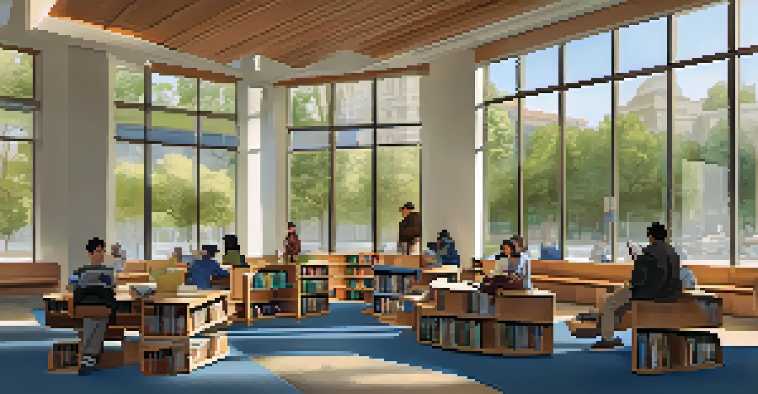 A cozy reading area in a public library with shelves of books and comfortable seating.