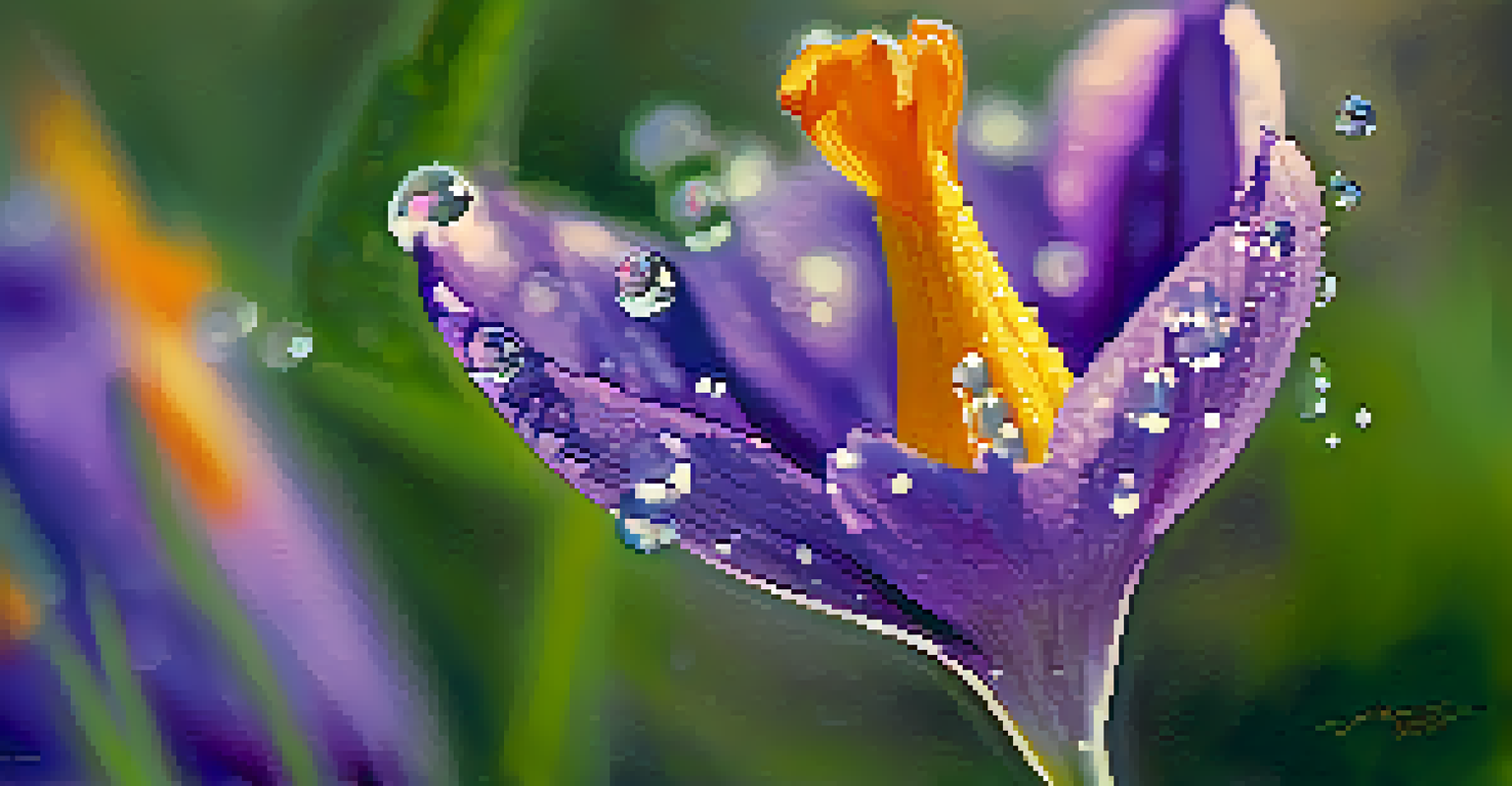 A close-up of a colorful wildflower blooming after winter rain, with water droplets on its petals and green foliage in the background.