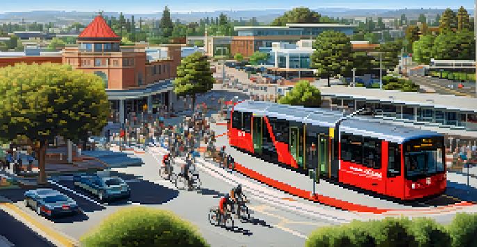 A panoramic view of Redwood City with a busy Caltrain station, electric buses, and cyclists on bike lanes under a clear blue sky.