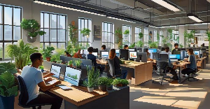 A diverse group of entrepreneurs working together in a modern tech workspace with large windows and bright decor.