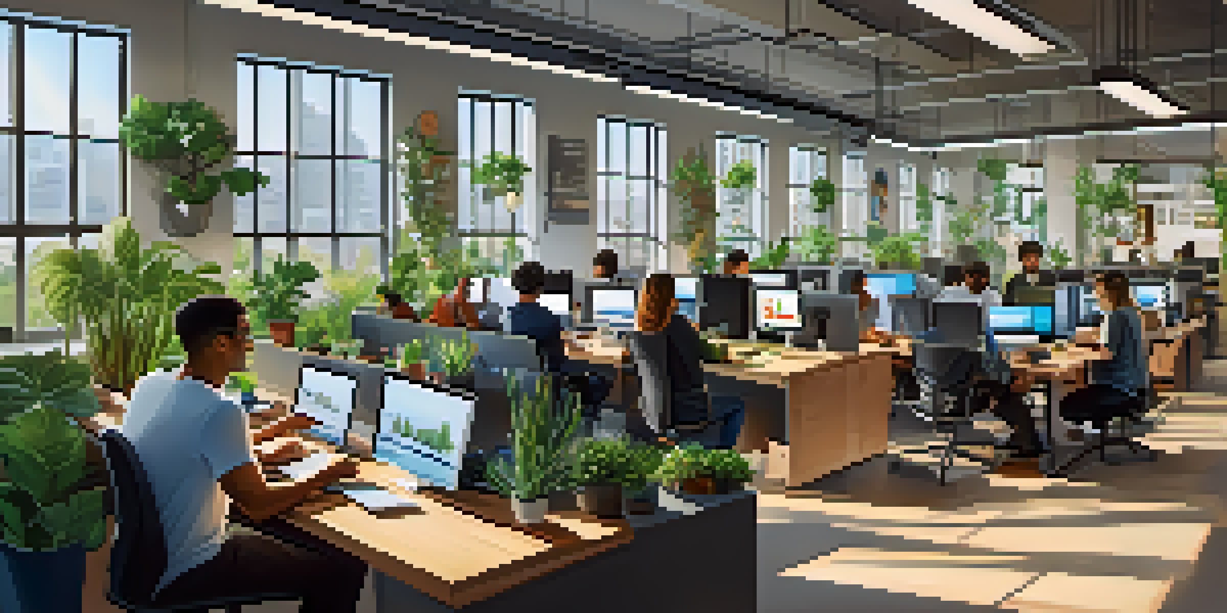 A diverse group of entrepreneurs working together in a modern tech workspace with large windows and bright decor.