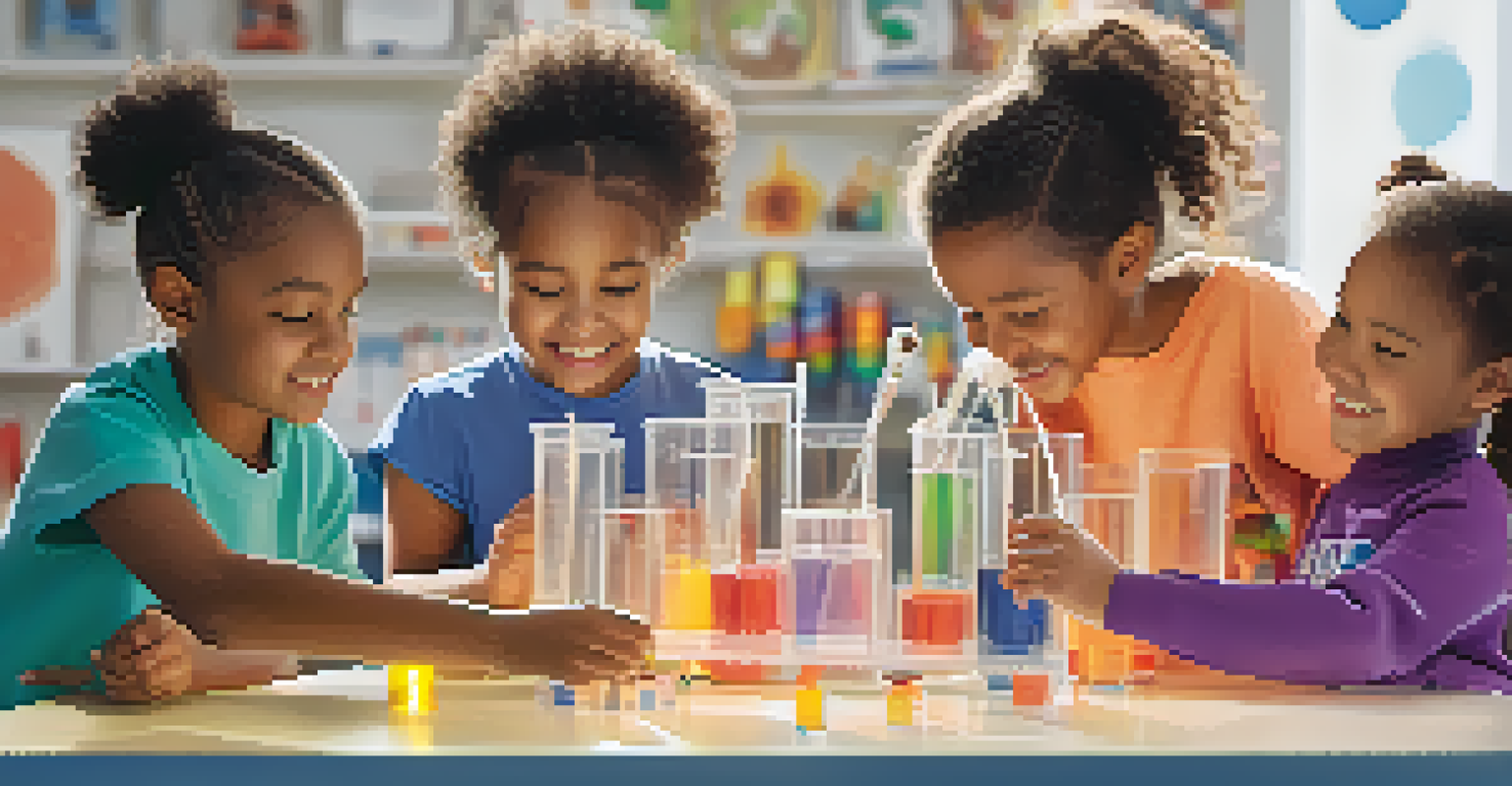 Children collaborating on a science experiment in a bright and colorful setting, showcasing teamwork and exploration.
