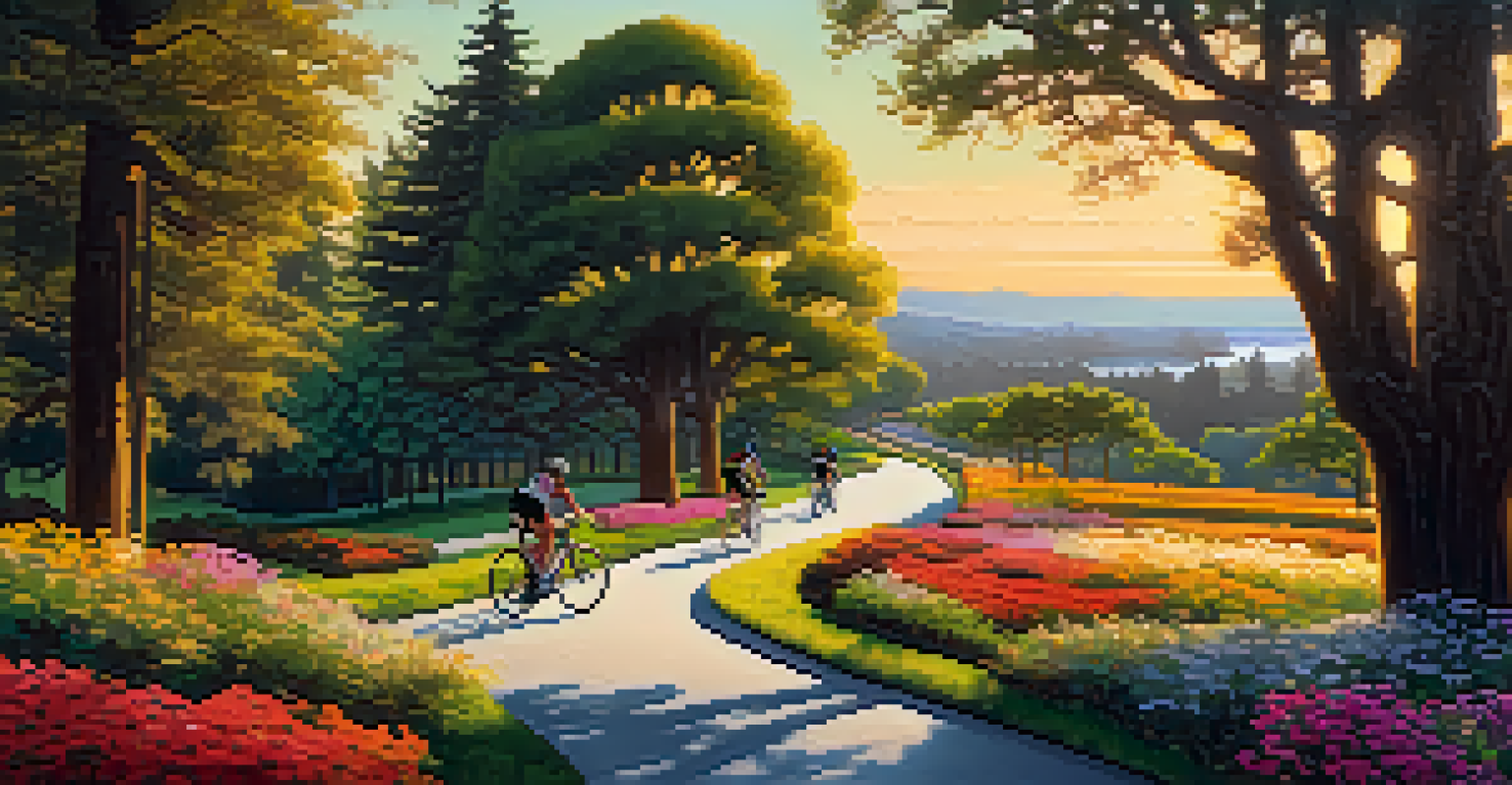Aerial view of a scenic biking route in a park in Redwood City with cyclists and a sunset backdrop.