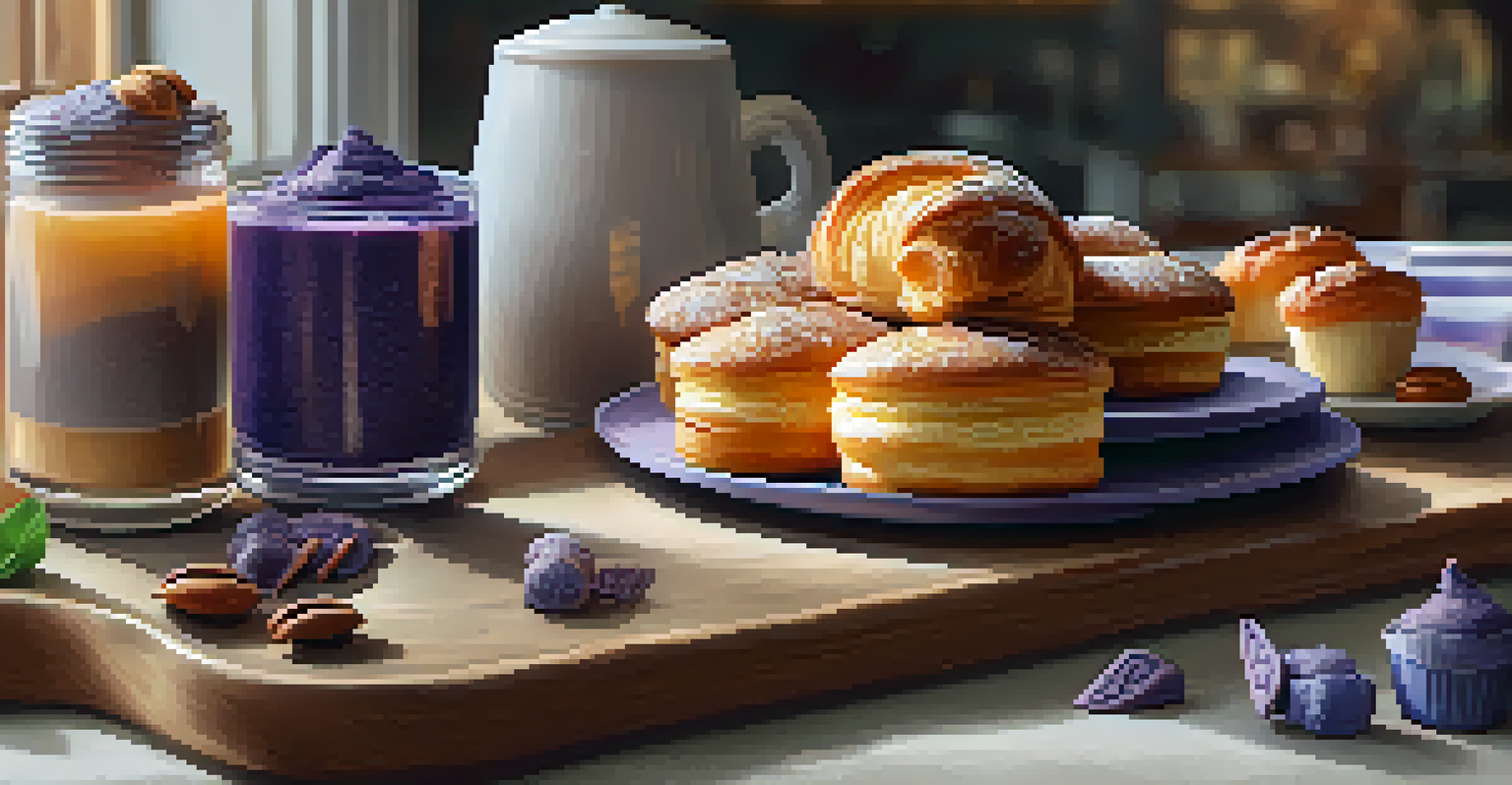 A decorative platter with chai-spiced croissant and ube-flavored cupcake, set in a cozy kitchen environment.