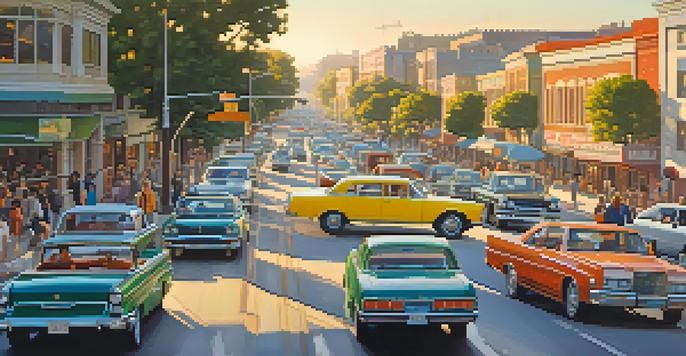 A busy street in Redwood City filled with cars and buses, illustrating heavy traffic congestion during rush hour with a sunset in the background.