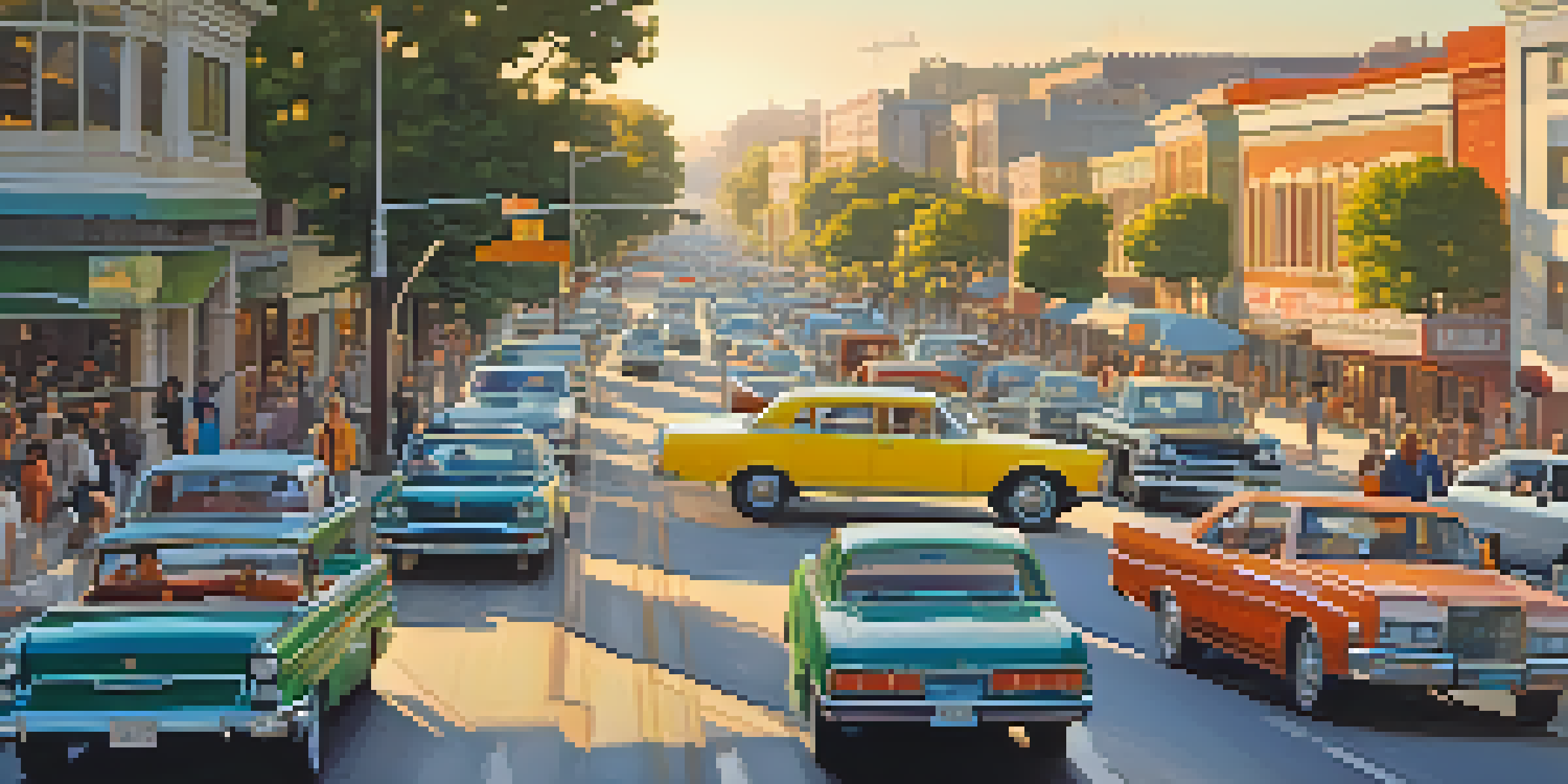 A busy street in Redwood City filled with cars and buses, illustrating heavy traffic congestion during rush hour with a sunset in the background.