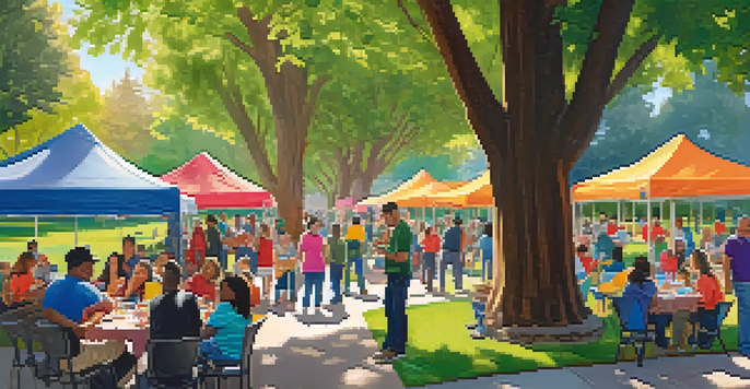 A lively community event in a park with families, local businesses, and school representatives engaged in activities under the sunlight.