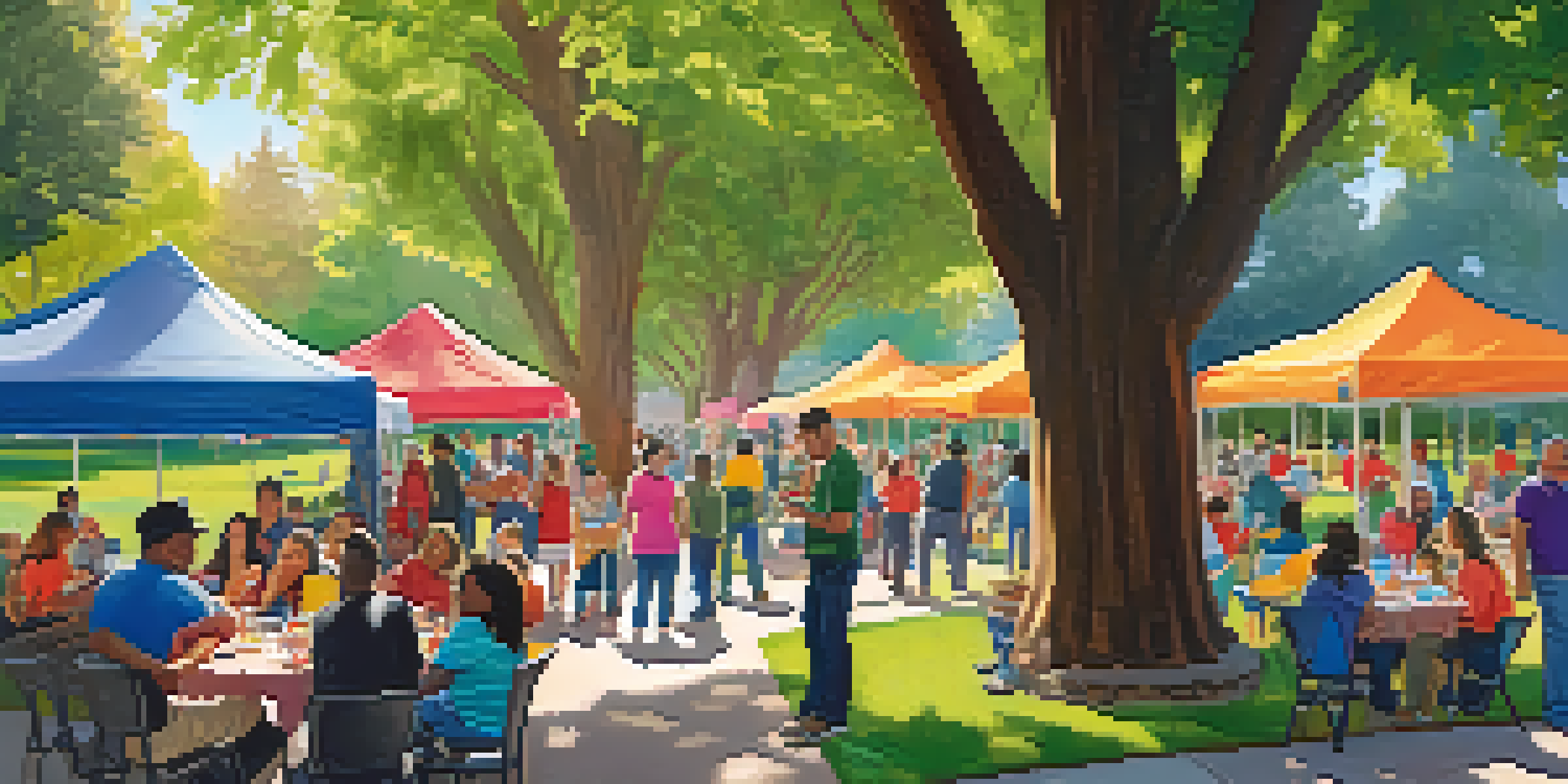 A lively community event in a park with families, local businesses, and school representatives engaged in activities under the sunlight.