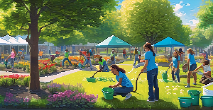 A sunny park scene with diverse volunteers planting flowers and cleaning up a playground, surrounded by trees and blue skies.