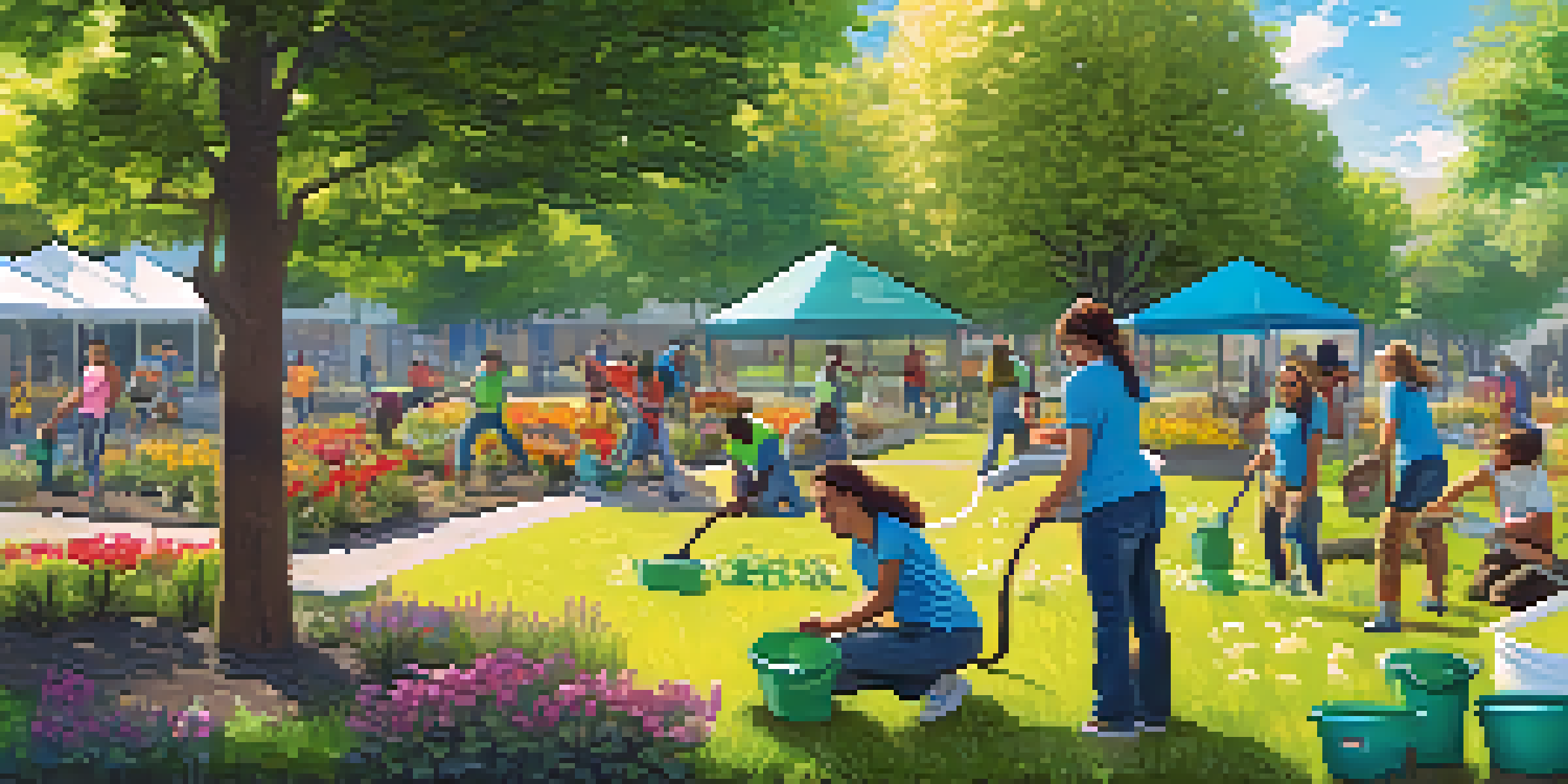 A sunny park scene with diverse volunteers planting flowers and cleaning up a playground, surrounded by trees and blue skies.
