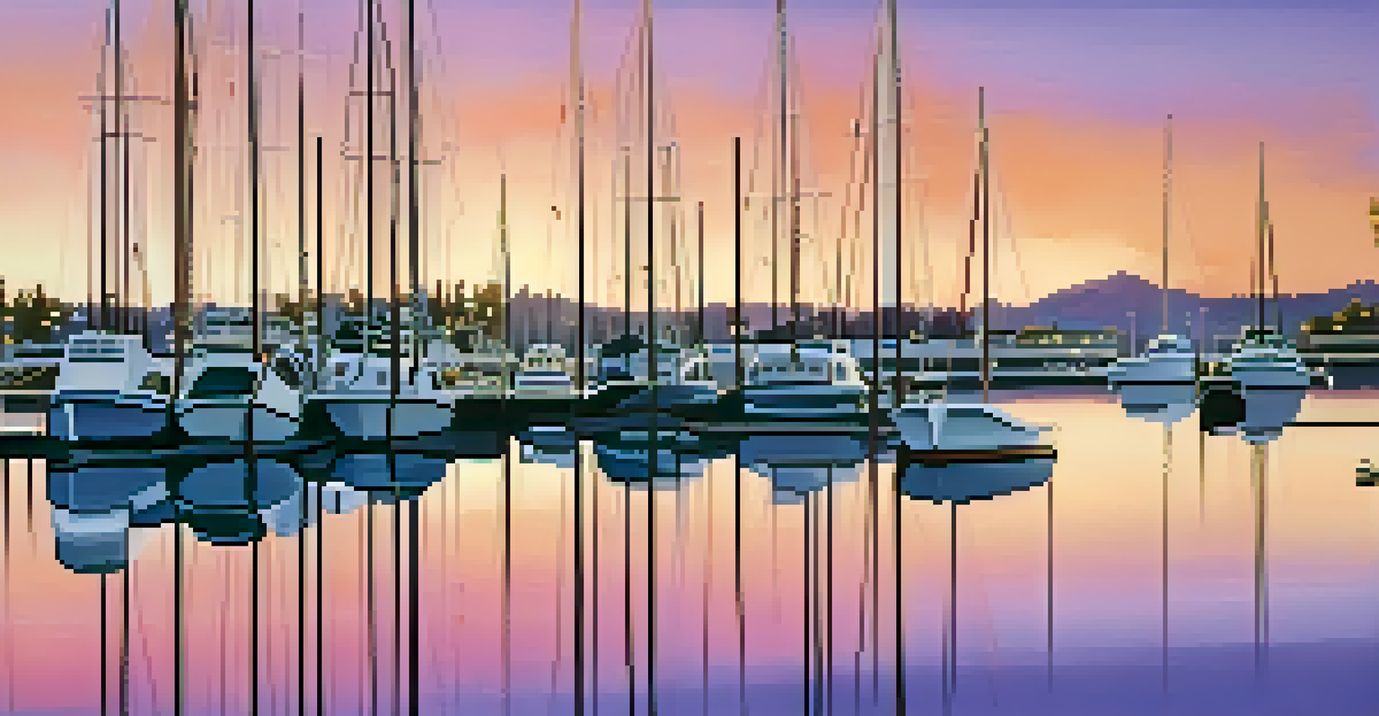 A tranquil waterfront scene in Redwood City at sunset, featuring boats on the water with a colorful sky.