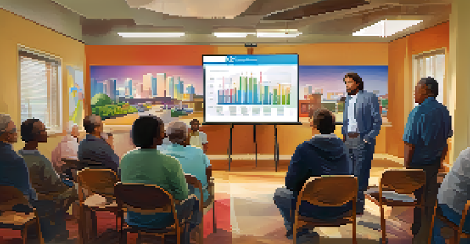 A diverse group of residents engaging in a town hall meeting with government officials, surrounded by digital displays and plants.