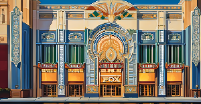 Exterior view of the Fox Theatre in Redwood City, highlighting its Art Deco design with geometric patterns and vibrant tiles under evening lights.