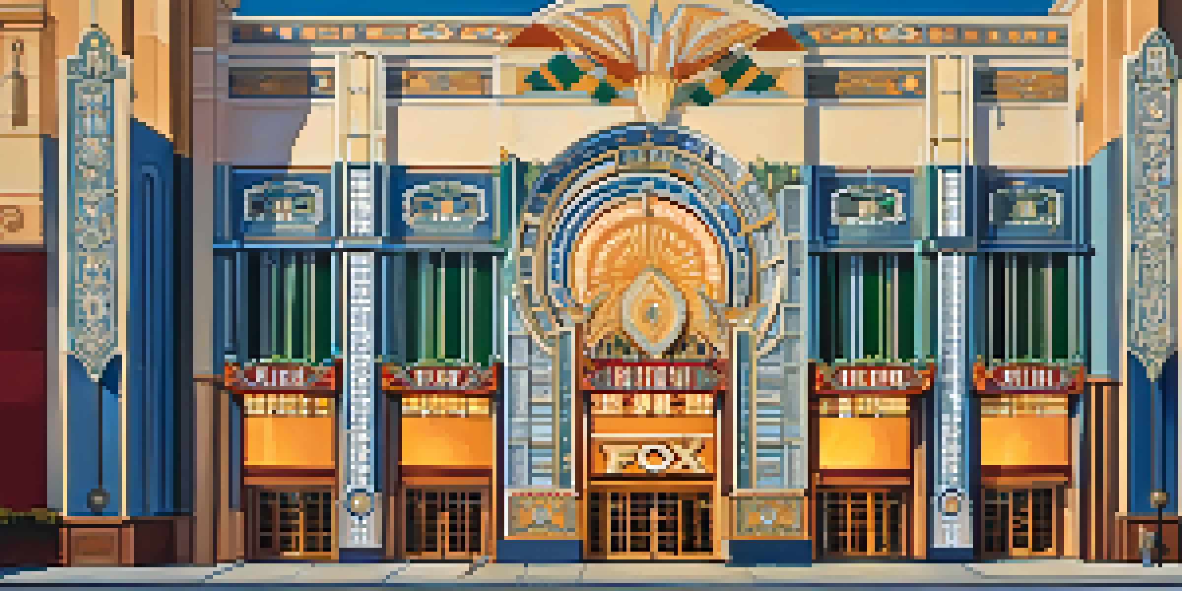 Exterior view of the Fox Theatre in Redwood City, highlighting its Art Deco design with geometric patterns and vibrant tiles under evening lights.