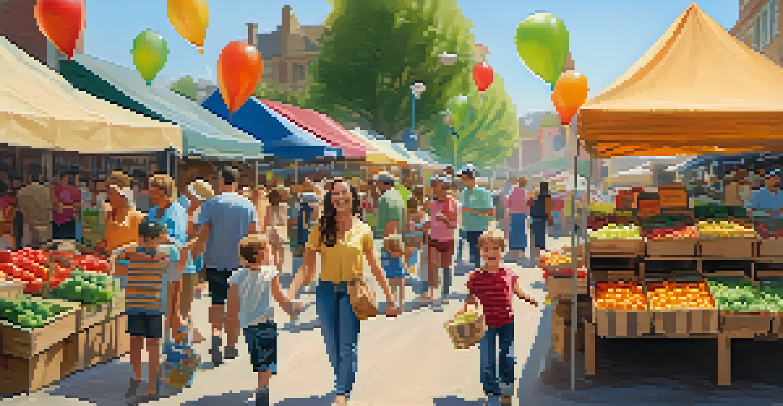 A family at a farmers' market with children engaged in a scavenger hunt, colorful balloons, and joyful atmosphere.