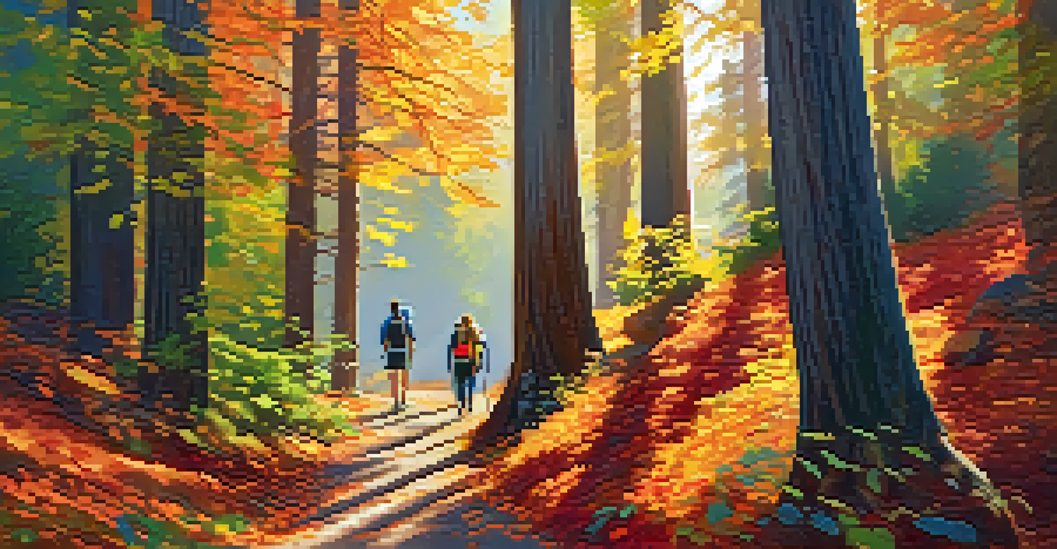 Hikers on a trail surrounded by colorful autumn foliage and sunlight filtering through the trees.