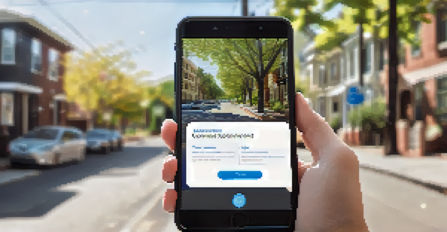 A close-up of a smartphone displaying a government mobile app interface in a neighborhood setting.
