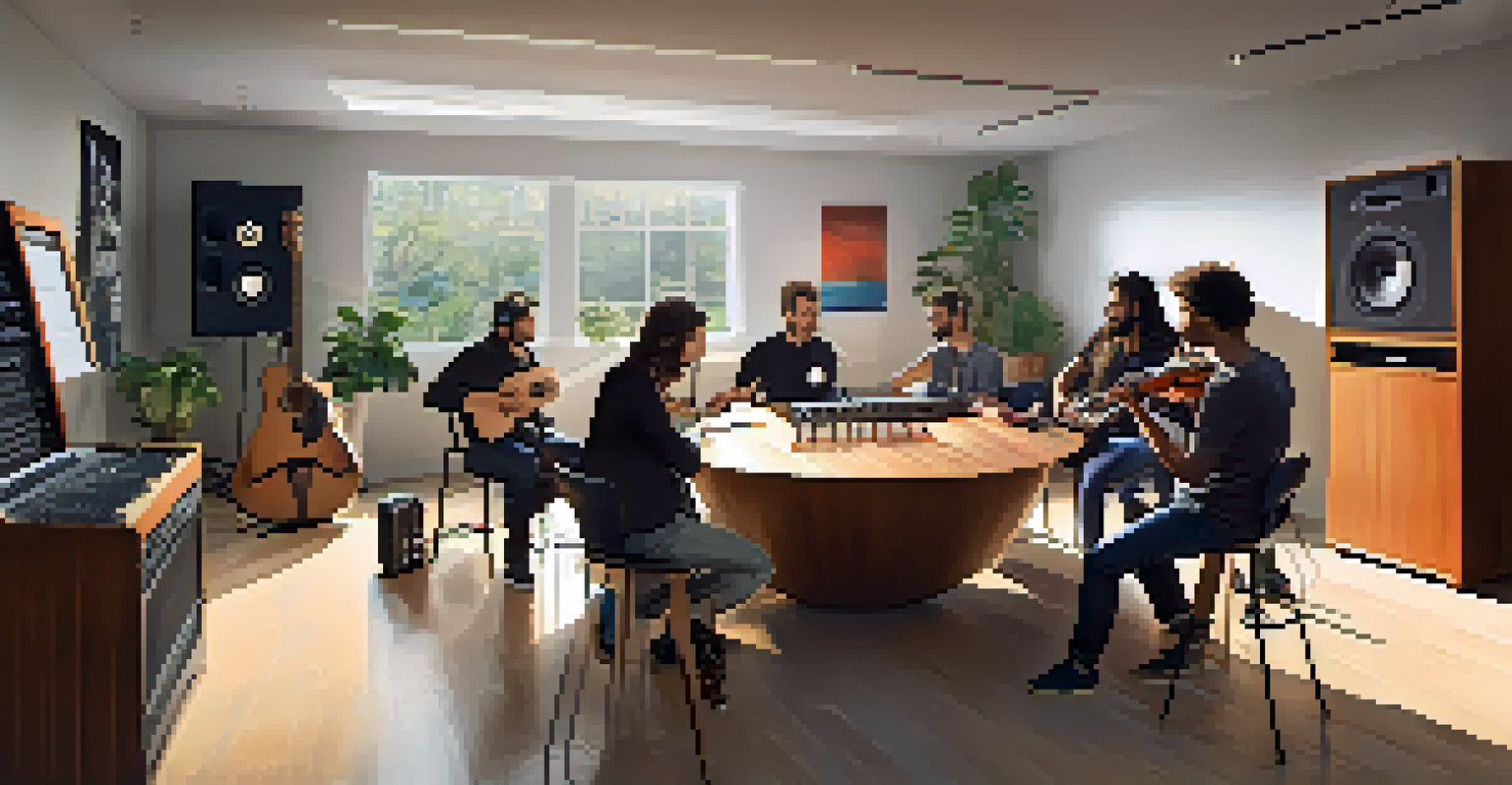 A modern recording studio where diverse musicians collaborate, surrounded by instruments and high-tech equipment.