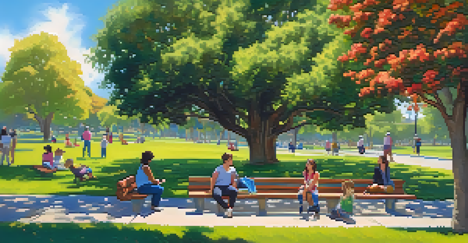 A beautiful park scene with people relaxing, children playing, and vibrant flowers under a blue sky, showcasing community engagement in green spaces.