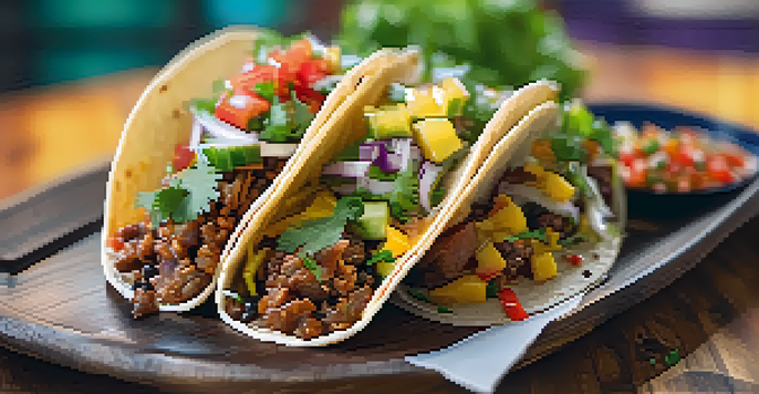 A fusion taco filled with Korean BBQ and garnished with cilantro on a colorful plate, with spicy mango salsa on the side.