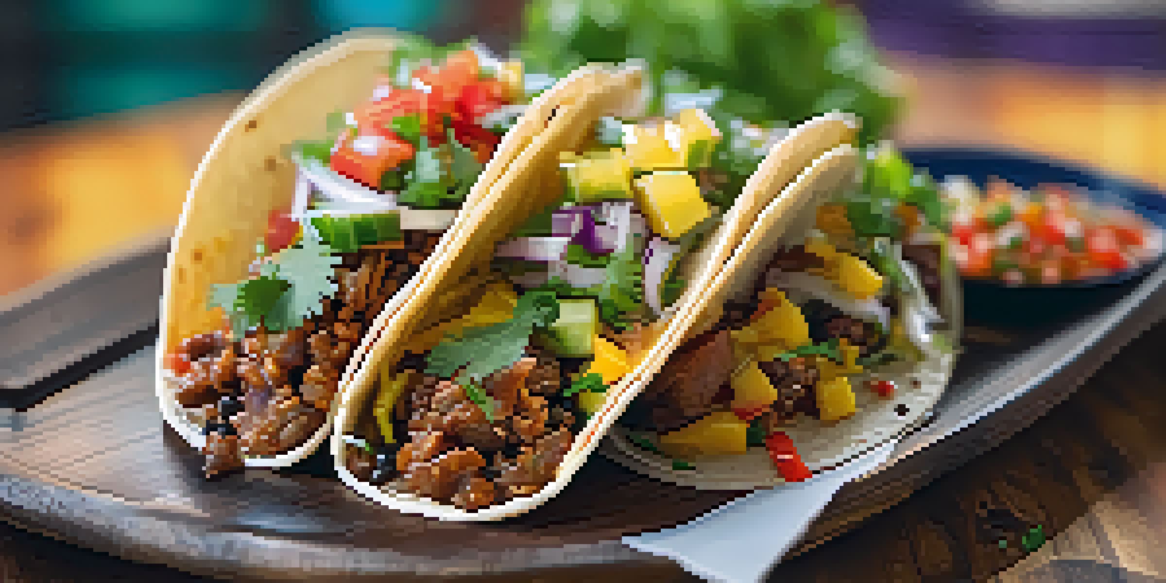 A fusion taco filled with Korean BBQ and garnished with cilantro on a colorful plate, with spicy mango salsa on the side.