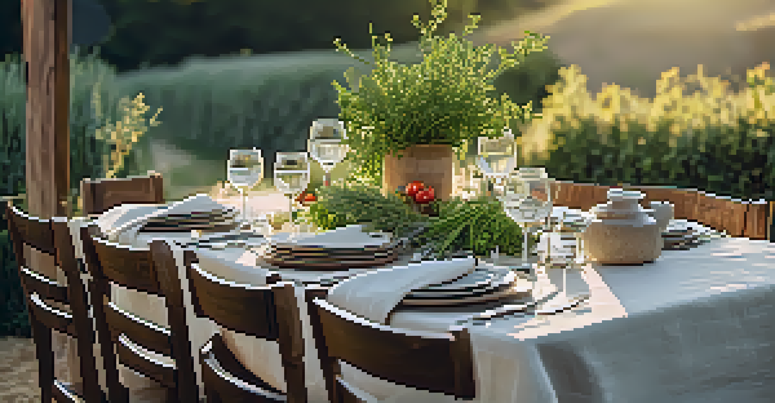 An outdoor dining table set for a farm-to-table meal, featuring fresh herbs, tomatoes, and bread, illuminated by golden hour light with a farm in the background.