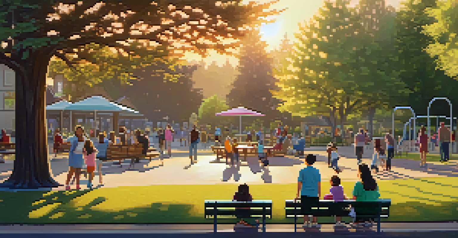 A peaceful park in Redwood City with families, children playing, and flowers blooming under the warm light of the setting sun.