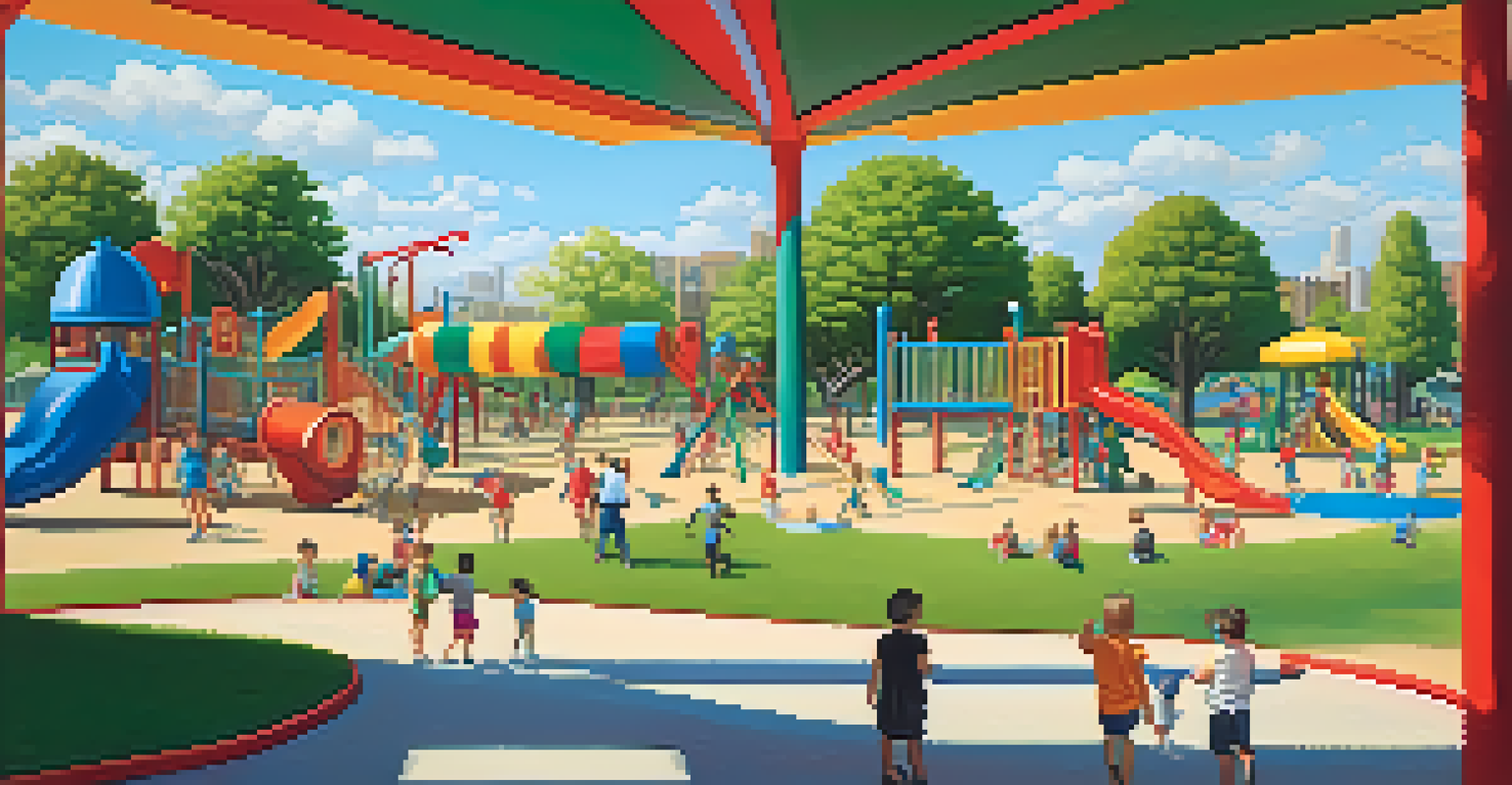 Children playing on a vibrant playground with families enjoying sports in the background.