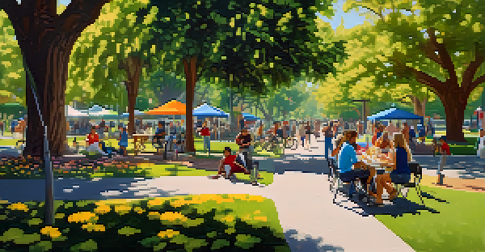 A lively urban park filled with green trees and colorful flowers, with families having picnics and people biking, portraying a sunny day.