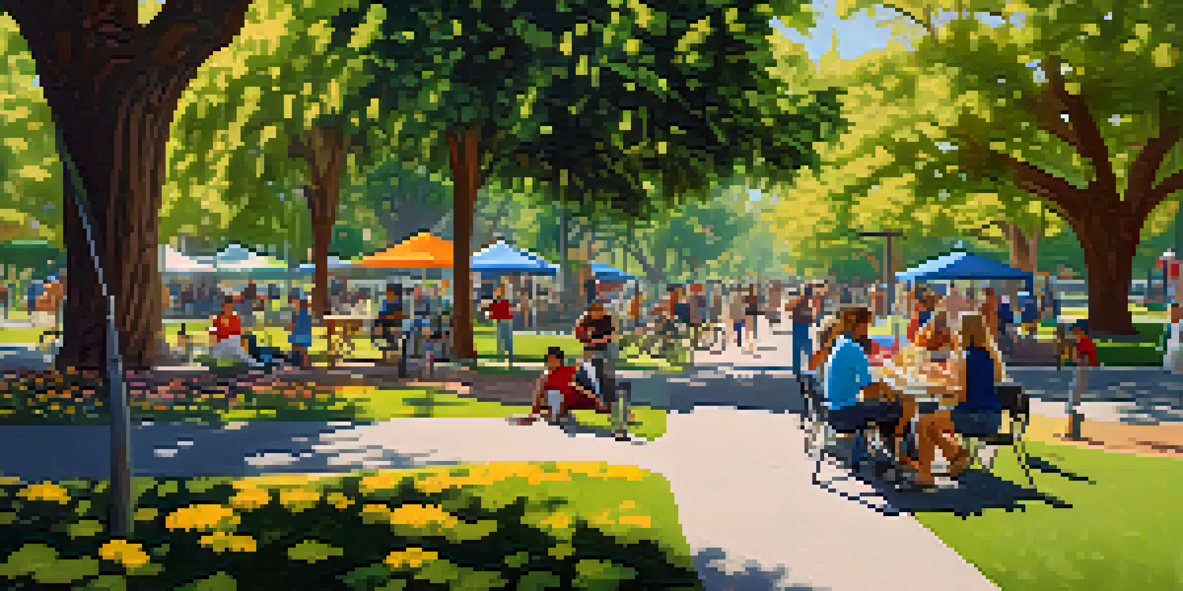 A lively urban park filled with green trees and colorful flowers, with families having picnics and people biking, portraying a sunny day.