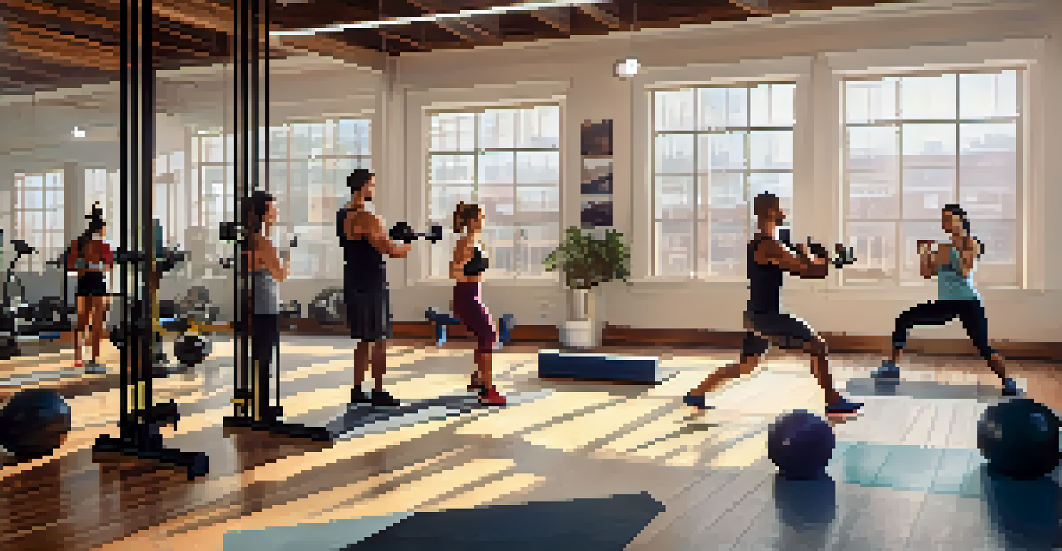 A fitness class in a studio with participants lifting weights and using resistance bands, guided by an instructor.