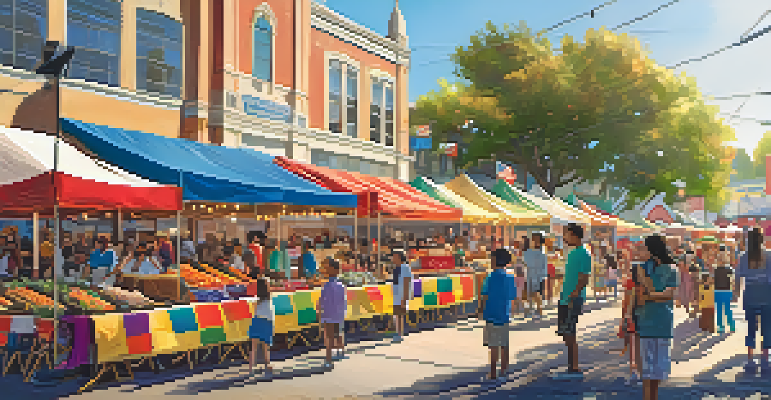 A lively community festival in Redwood City with people celebrating, colorful banners, and stalls of produce.