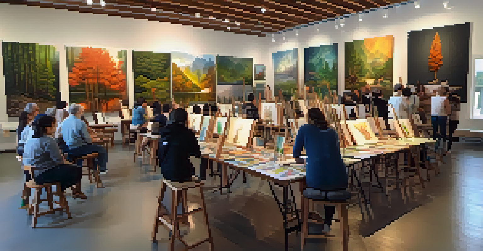 An art workshop in a gallery with tourists painting alongside a local artist, surrounded by colorful artworks and bright sunlight.