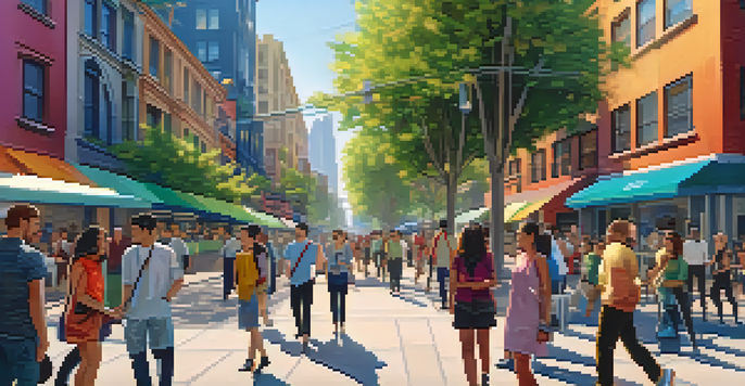 A lively city street with a digital display board featuring community statistics, citizens engaging around it, surrounded by colorful buildings and greenery in bright daylight.