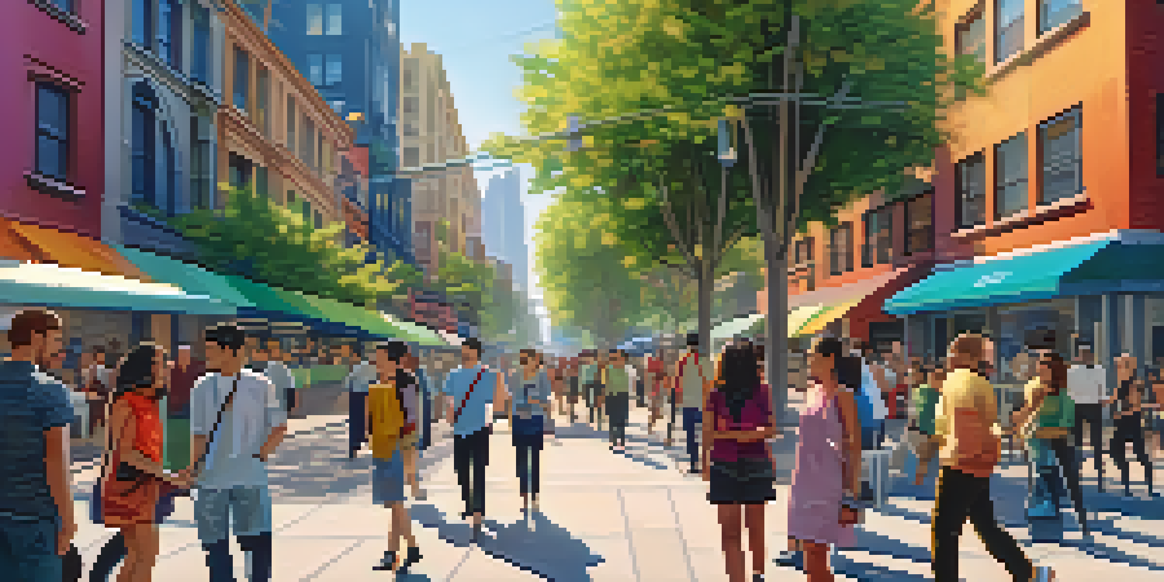 A lively city street with a digital display board featuring community statistics, citizens engaging around it, surrounded by colorful buildings and greenery in bright daylight.