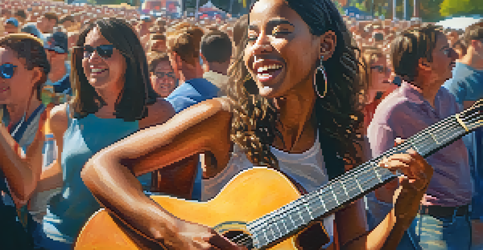 Close-up of a local musician performing at a music festival, with an engaged audience in the background.