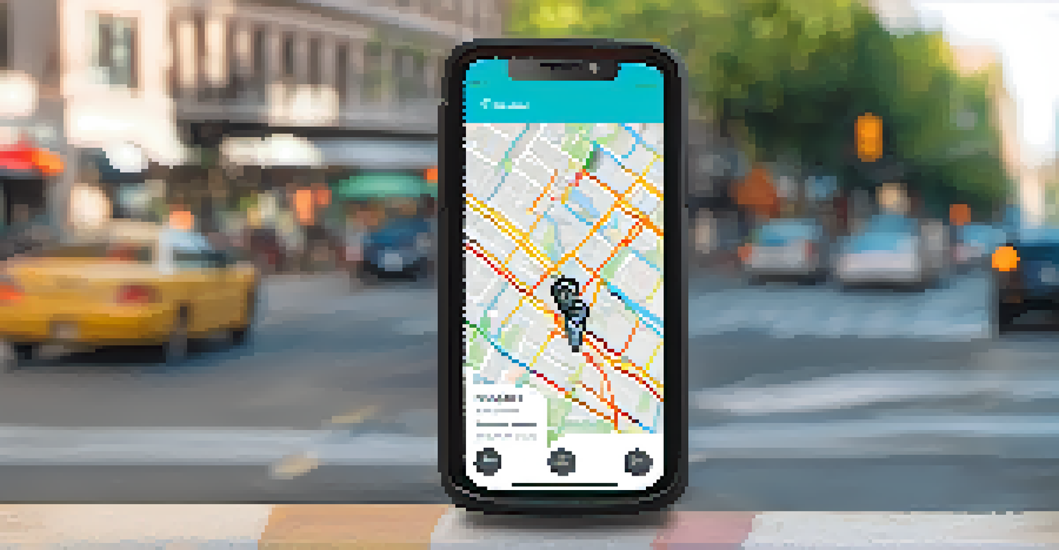 A smartphone displaying a ridesharing app interface with a city sidewalk in the background.