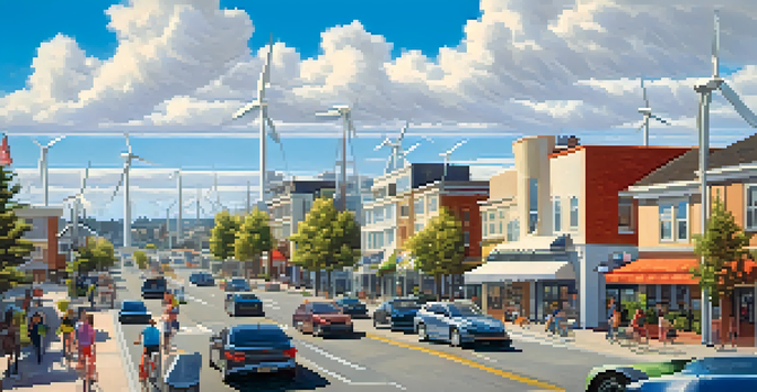 A cityscape of Redwood City with solar panels and wind turbines, featuring people on bicycles and electric vehicles under a clear sky.