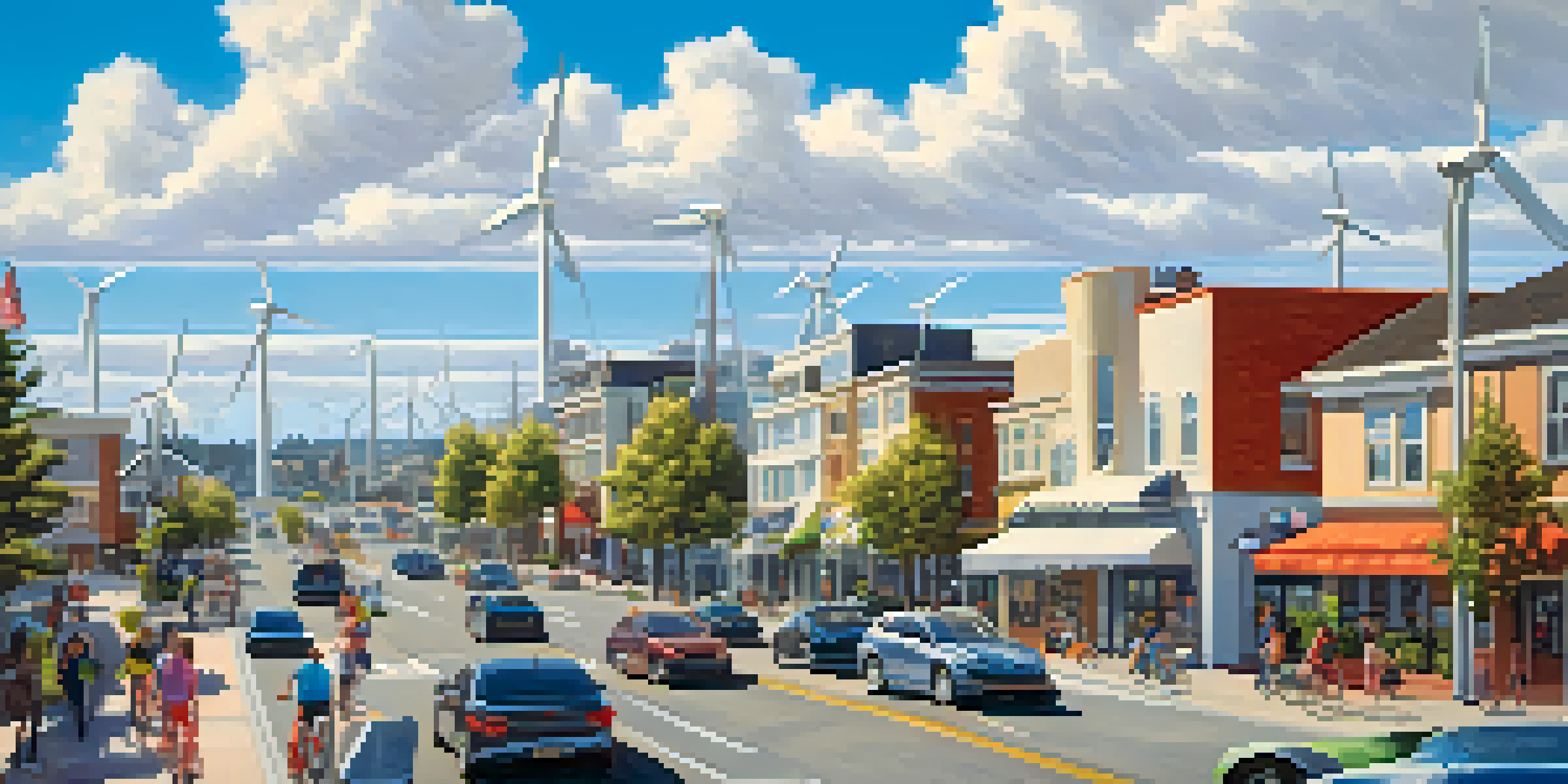 A cityscape of Redwood City with solar panels and wind turbines, featuring people on bicycles and electric vehicles under a clear sky.