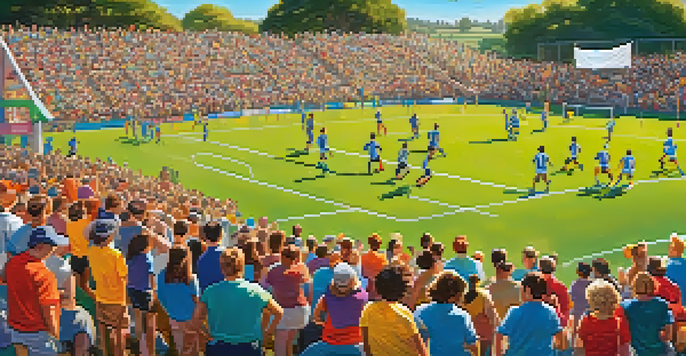 A lively soccer game with adults playing on a green field under a bright sun, surrounded by cheering spectators and a welcoming banner.