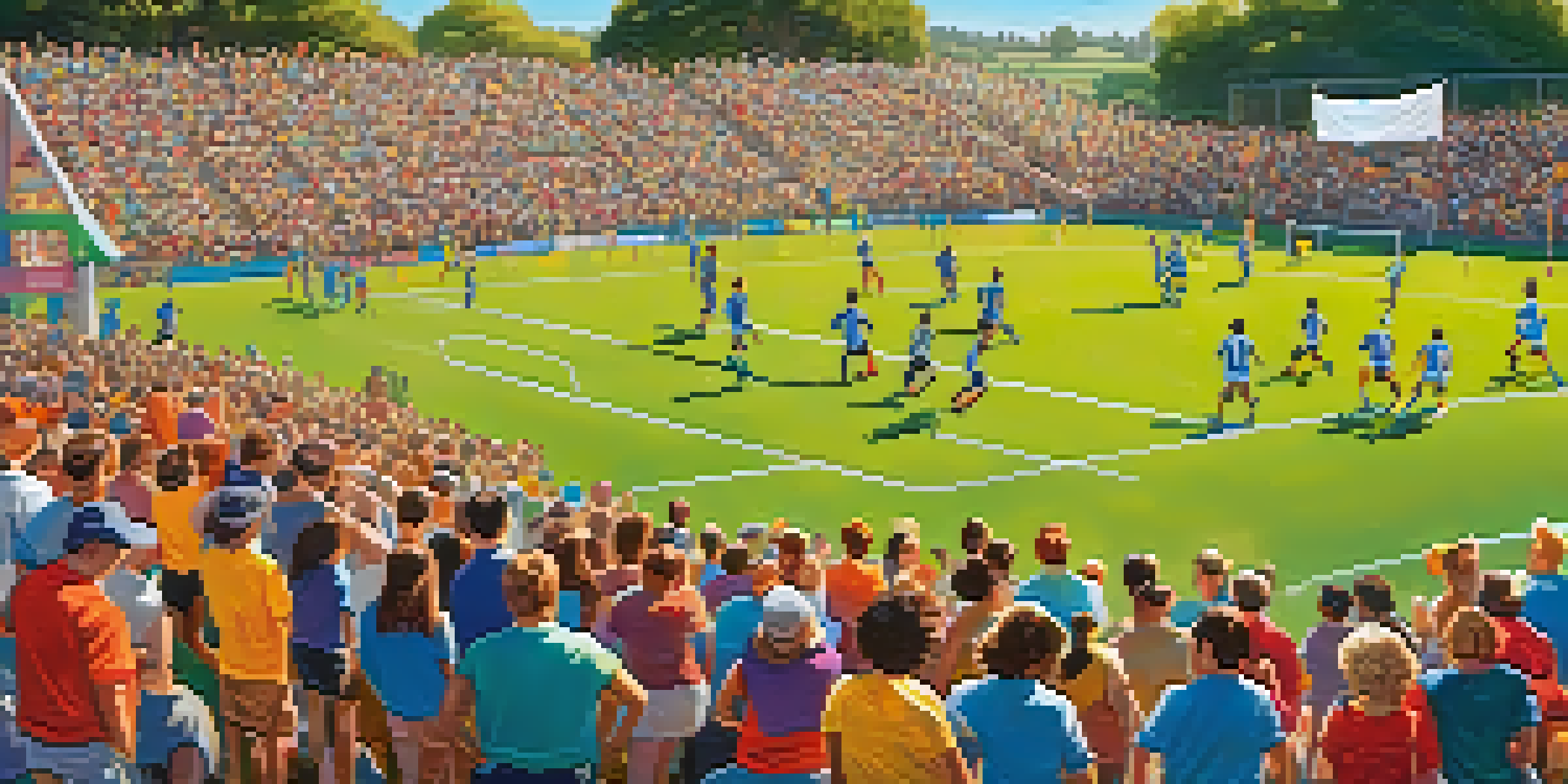 A lively soccer game with adults playing on a green field under a bright sun, surrounded by cheering spectators and a welcoming banner.